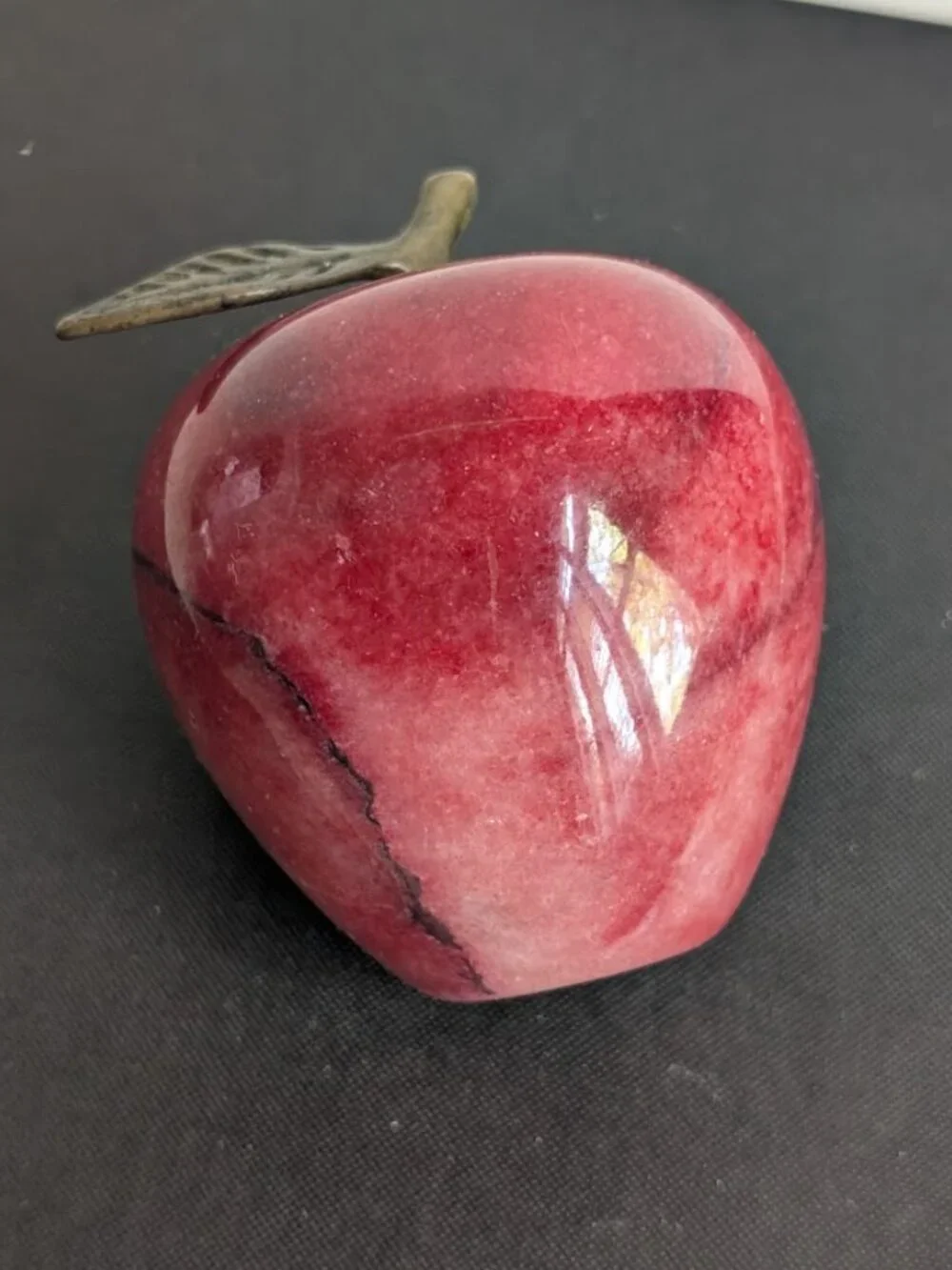 Vintage MCM Polished Marble Alabaster Red Apple Paperweight w/Brass Stem